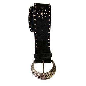 Womens Silver Flower Buckle Black Leather Belt with Embellished Stones Size XL